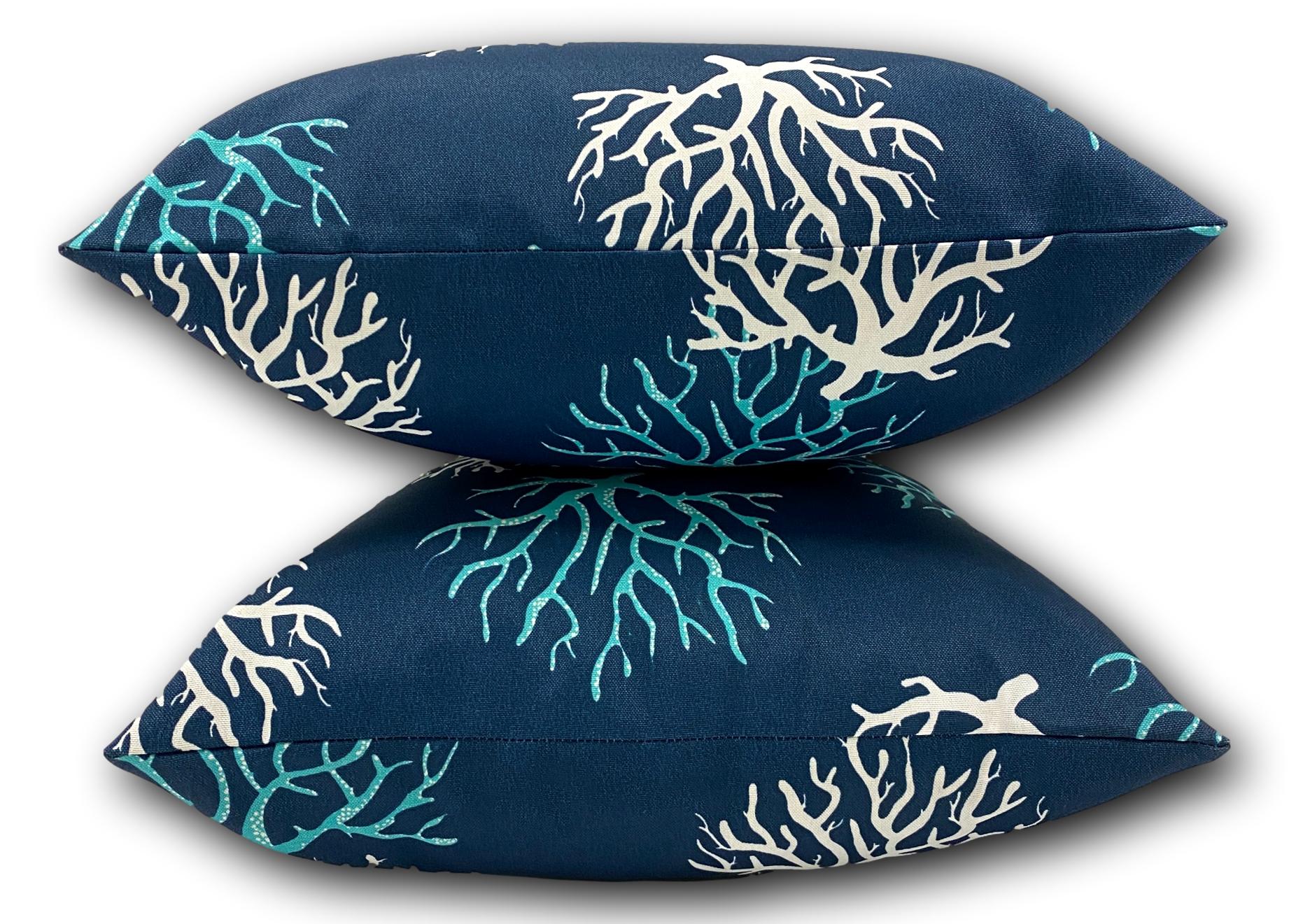 Coral in Navy White & Aqua Pair! - Tropique Cushions