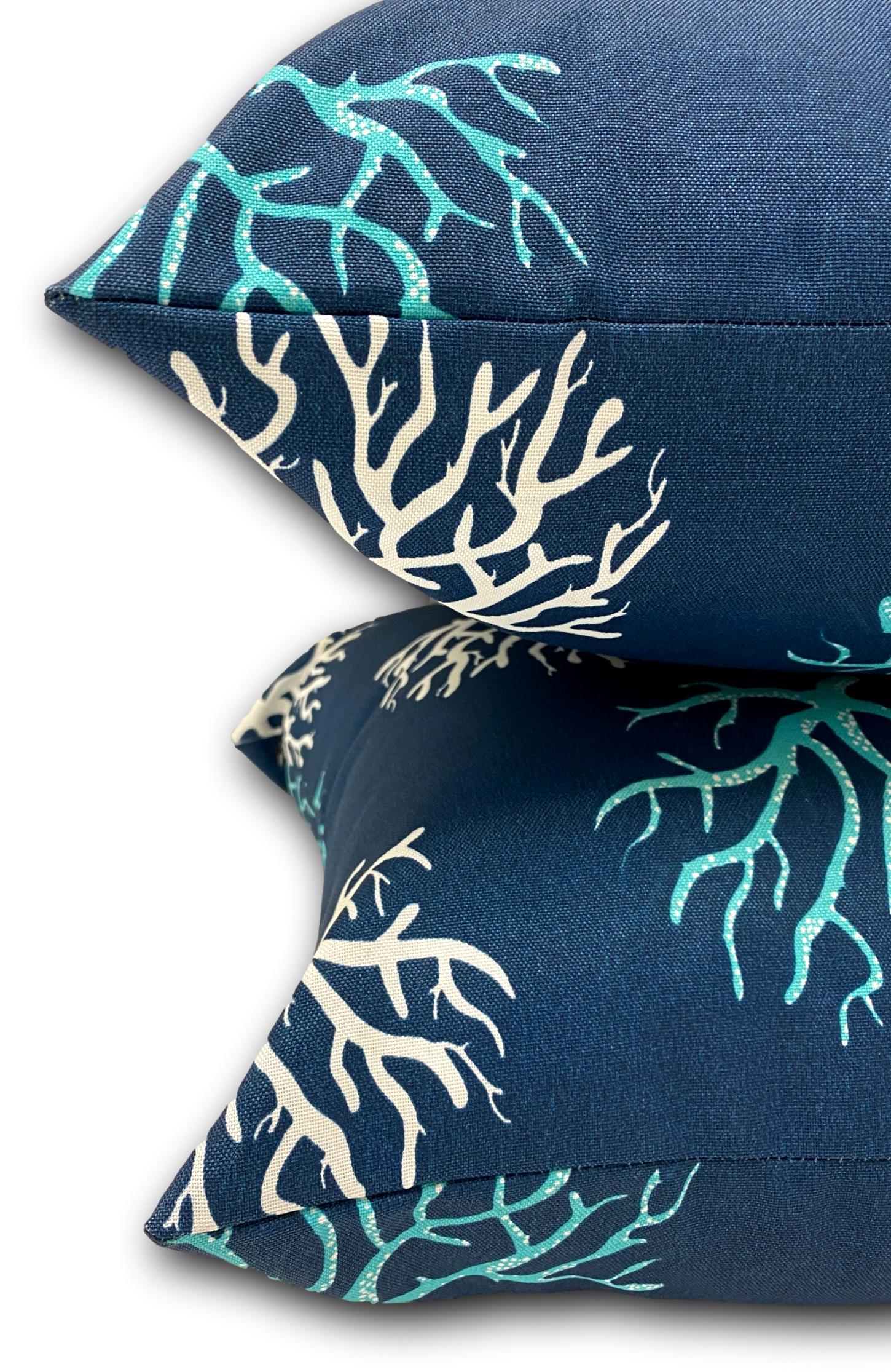 Coral in Navy White & Aqua Pair! - Tropique Cushions
