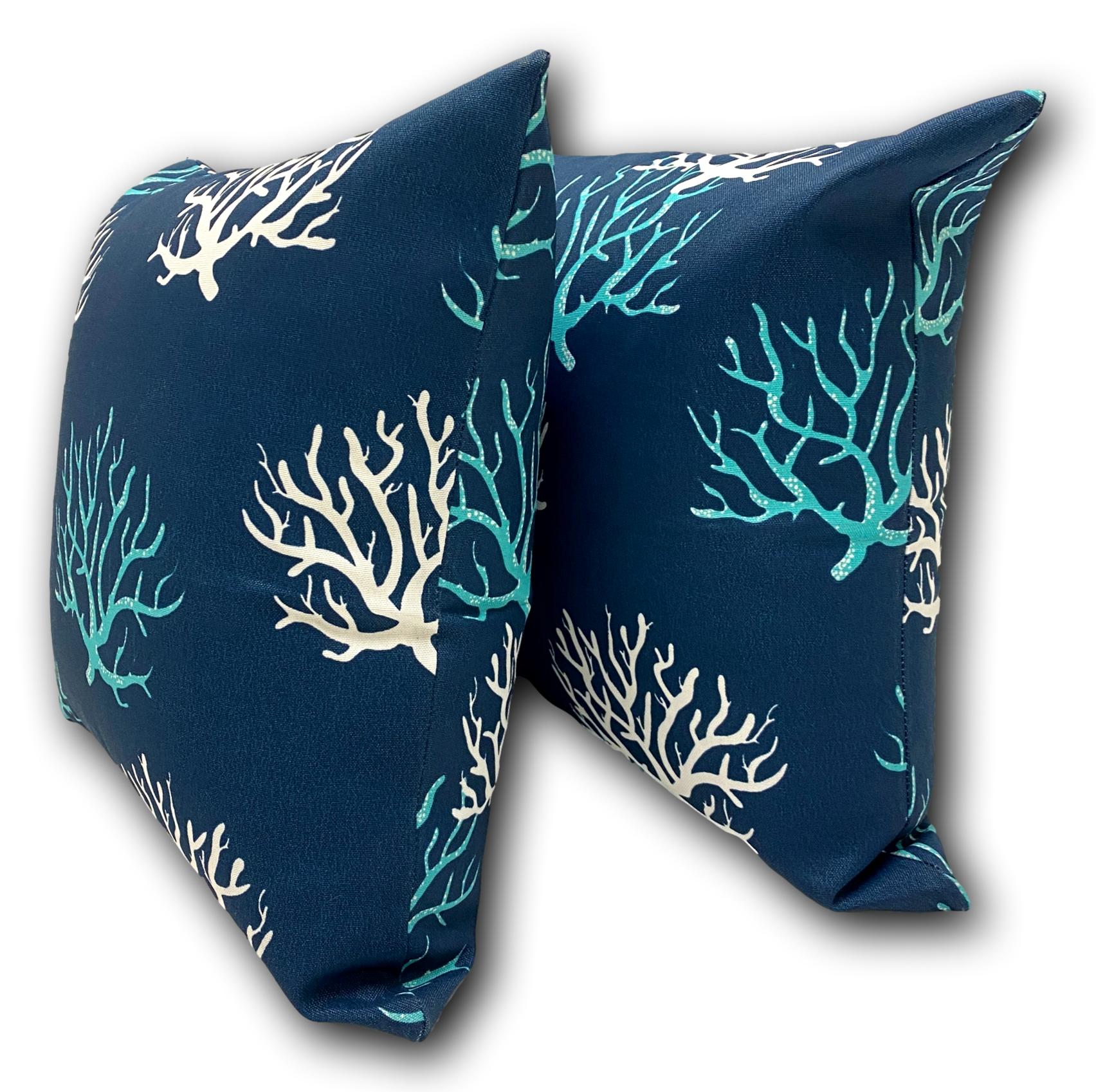 Coral in Navy White & Aqua Pair! - Tropique Cushions