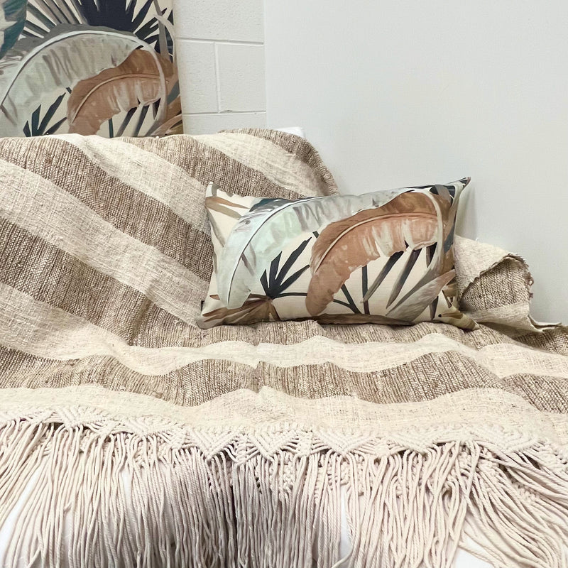 Tassled Striped Throw in Natural with Macrame Detail and Tassled Fringing