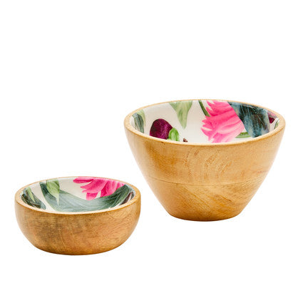 Mango Wood Dip & Nut Bowl Set in Summer Bells White