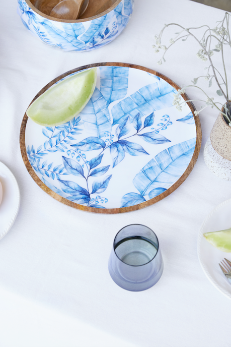 Mango Wood Platter in Essence Blue & White