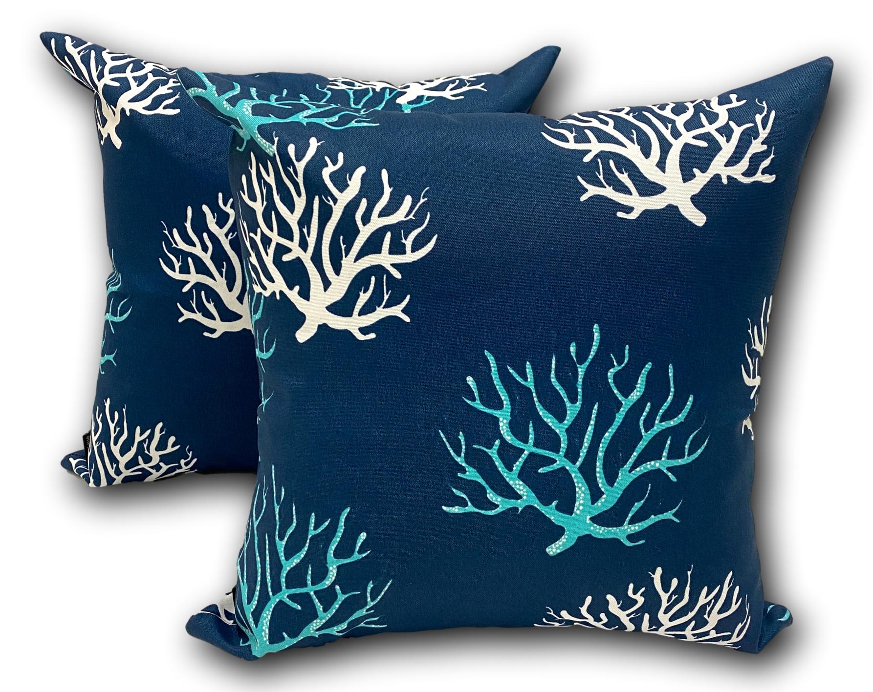 Coral in Navy White & Aqua Pair! - Tropique Cushions
