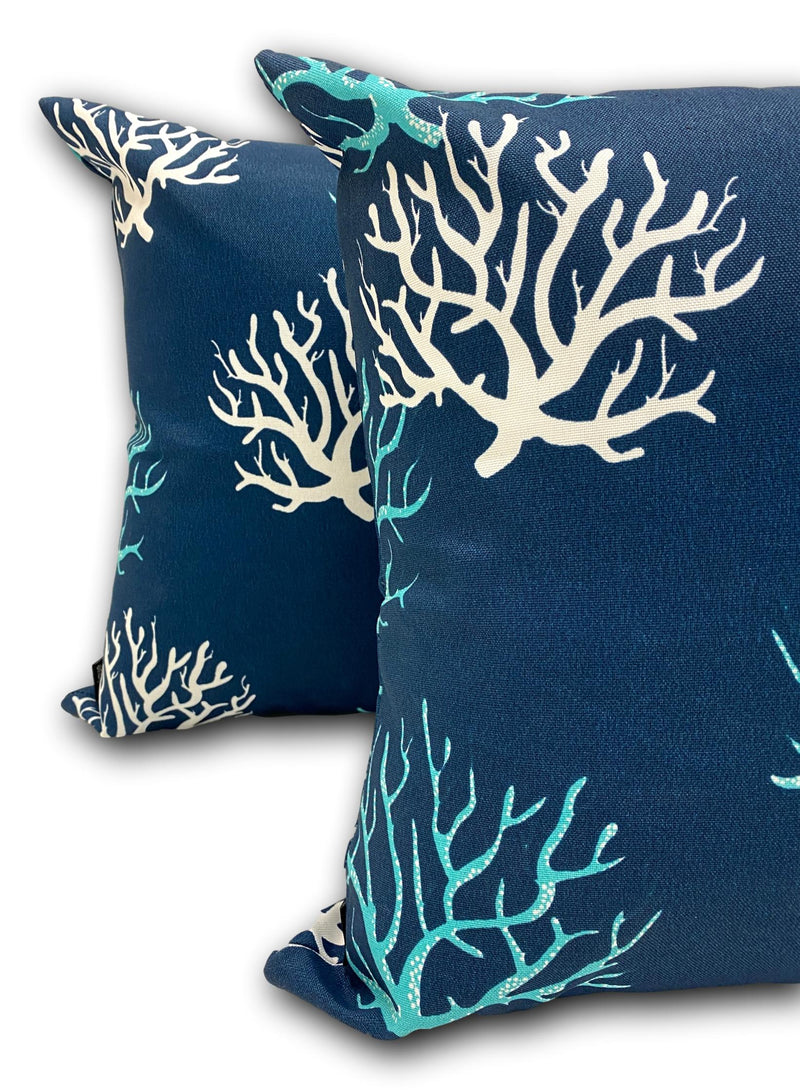 Coral in Navy White & Aqua Pair! - Tropique Cushions