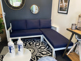 Shelta Honolulu White with Sunbrella Linen Pure + Original set of navy covers - Tropique Cushions