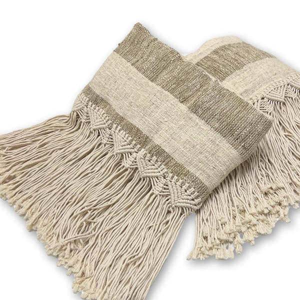 Tassled Striped Throw in Natural with Macrame Detail and Tassled Fringing