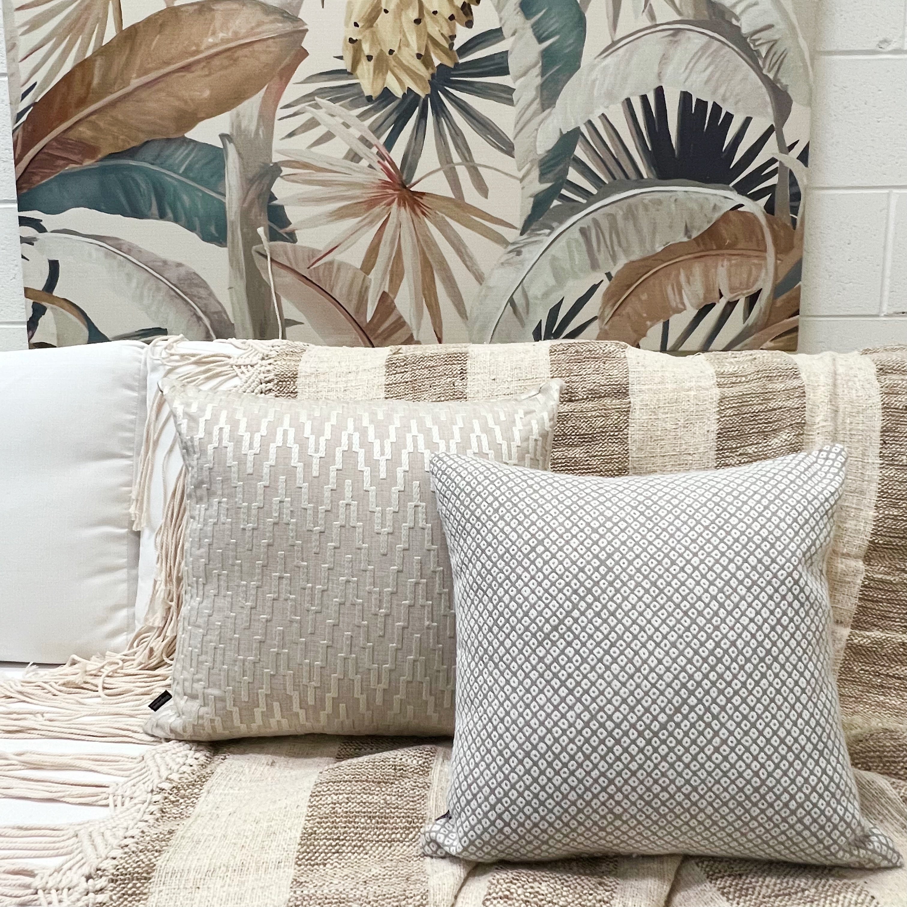 Tassled Striped Throw in Natural with Macrame Detail and Tassled Fringing