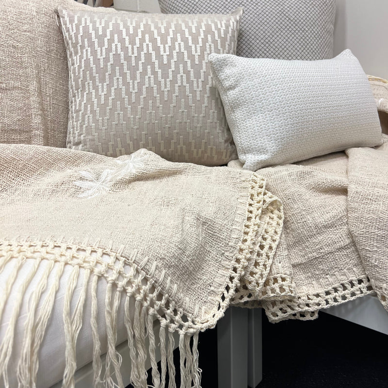 Coastal Throw in Natural with Embroidered Palm and Crocheted Detail