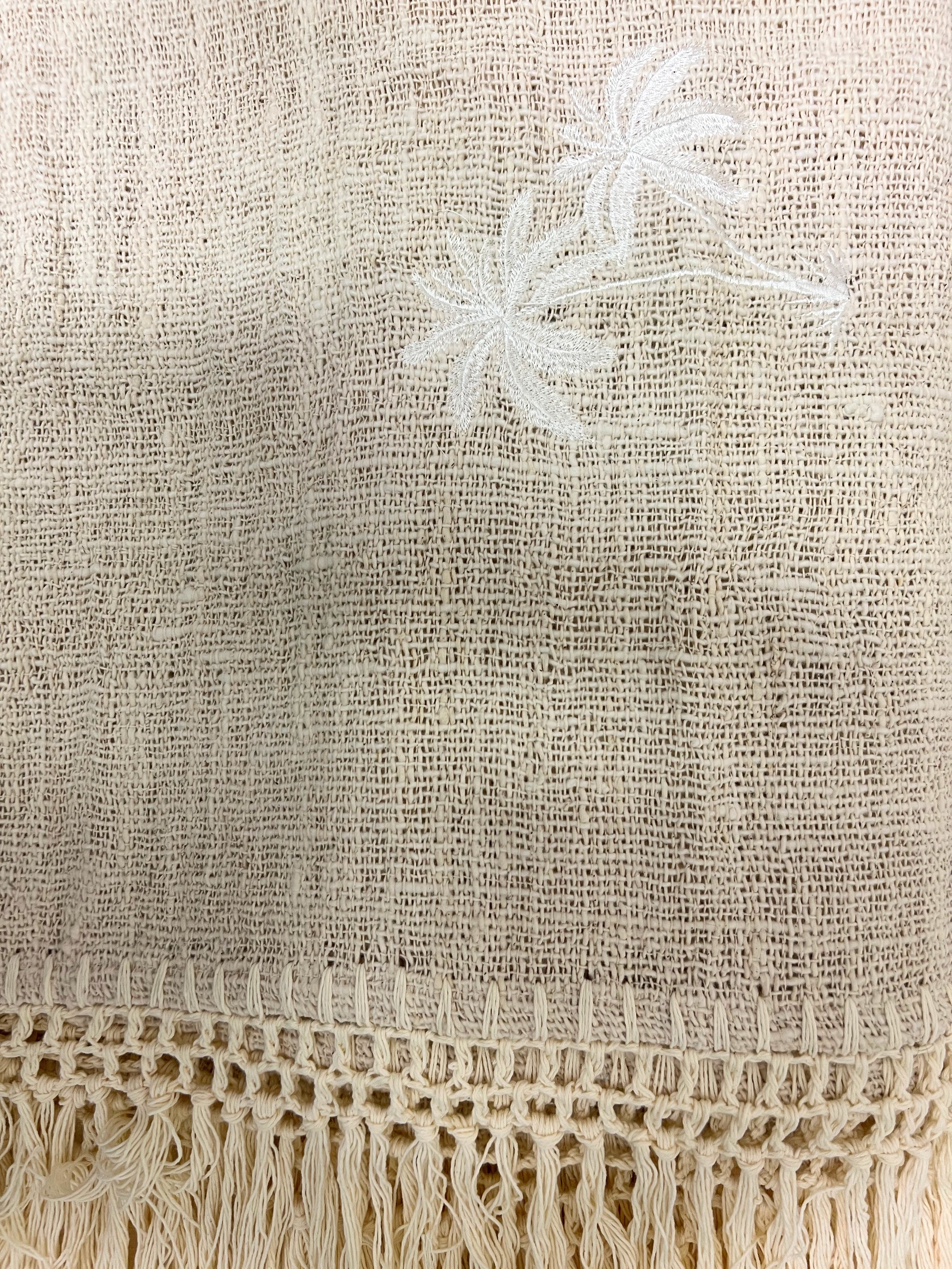 Coastal Throw in Natural with Embroidered Palm and Crocheted Detail