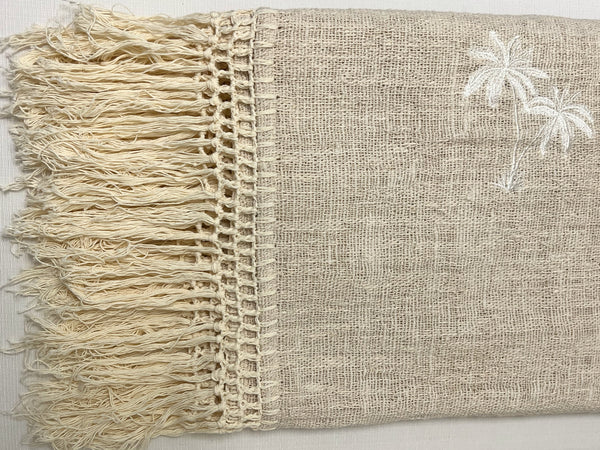 Coastal Throw in Natural with Embroidered Palm and Crocheted Detail