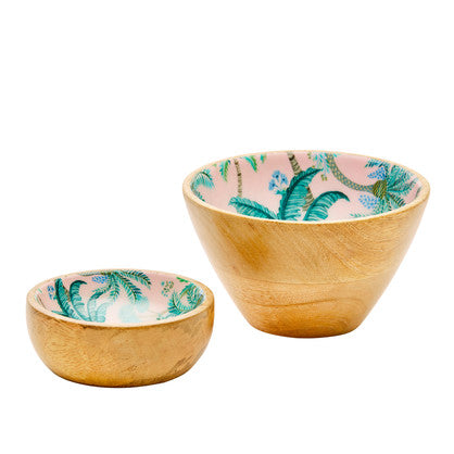 Mango Wood Dip & Nut Bowl Set in Vintage Palms Pink