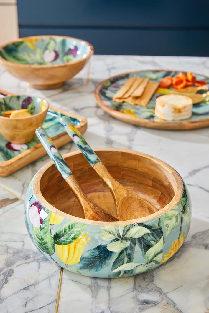 Mango Wood Bowl And Server Set-Summer Bells in Yellow