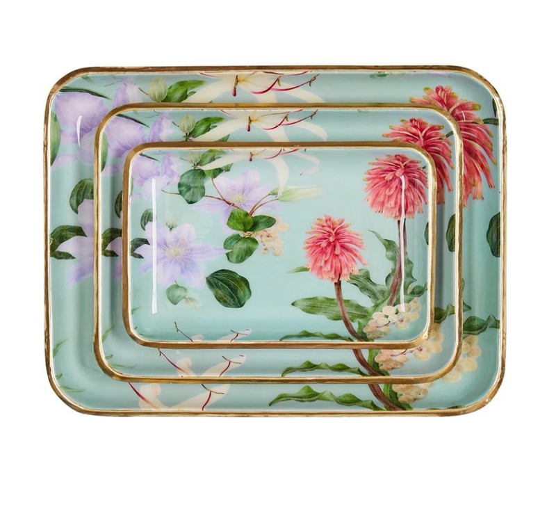 Brass & Enamel Tray in Sage - Set of 3